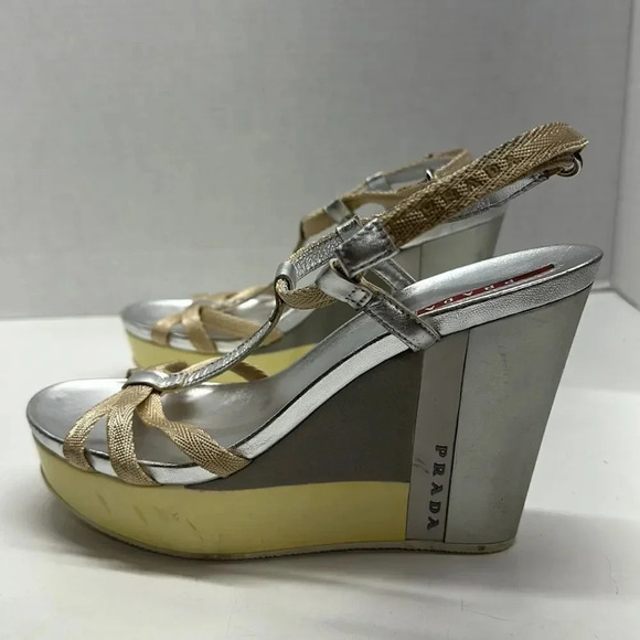 Prada Wedges T-Strap Open Toe High Heel Shoes Leather Yellow Silver Size 38 US 8 - Picture 8 of 12